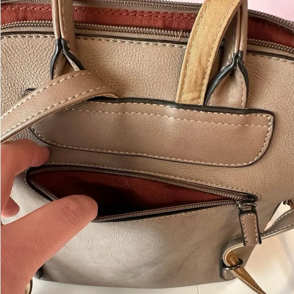 David Jones Paris Leather Mini Backpack Purse Taupe Top Handle Adjustable Straps